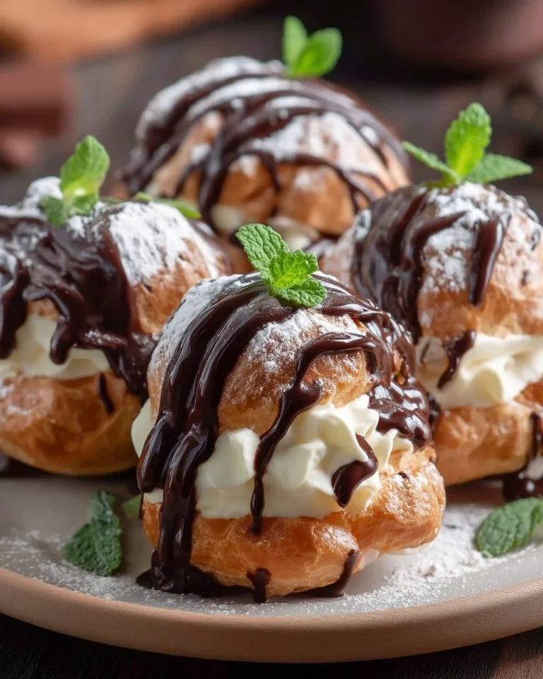 Profiteroles au chocolat avec crème vanillée garnie, dessert délicieux et élégant.