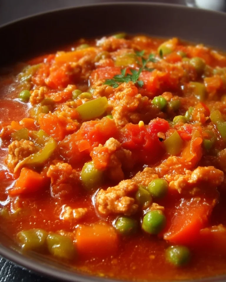Ragoût de poulet haché avec poivrons et petits pois dans un plat coloré.