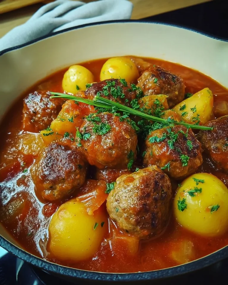 Ragoût aux boulettes et pommes de terre savoureux dans un plat appétissant.