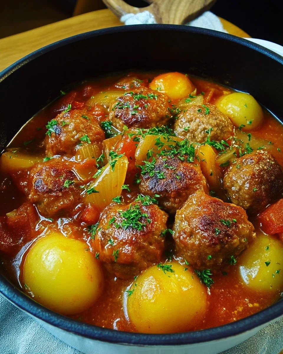 Ragoût aux boulettes savoureux avec pommes de terre dans un bol