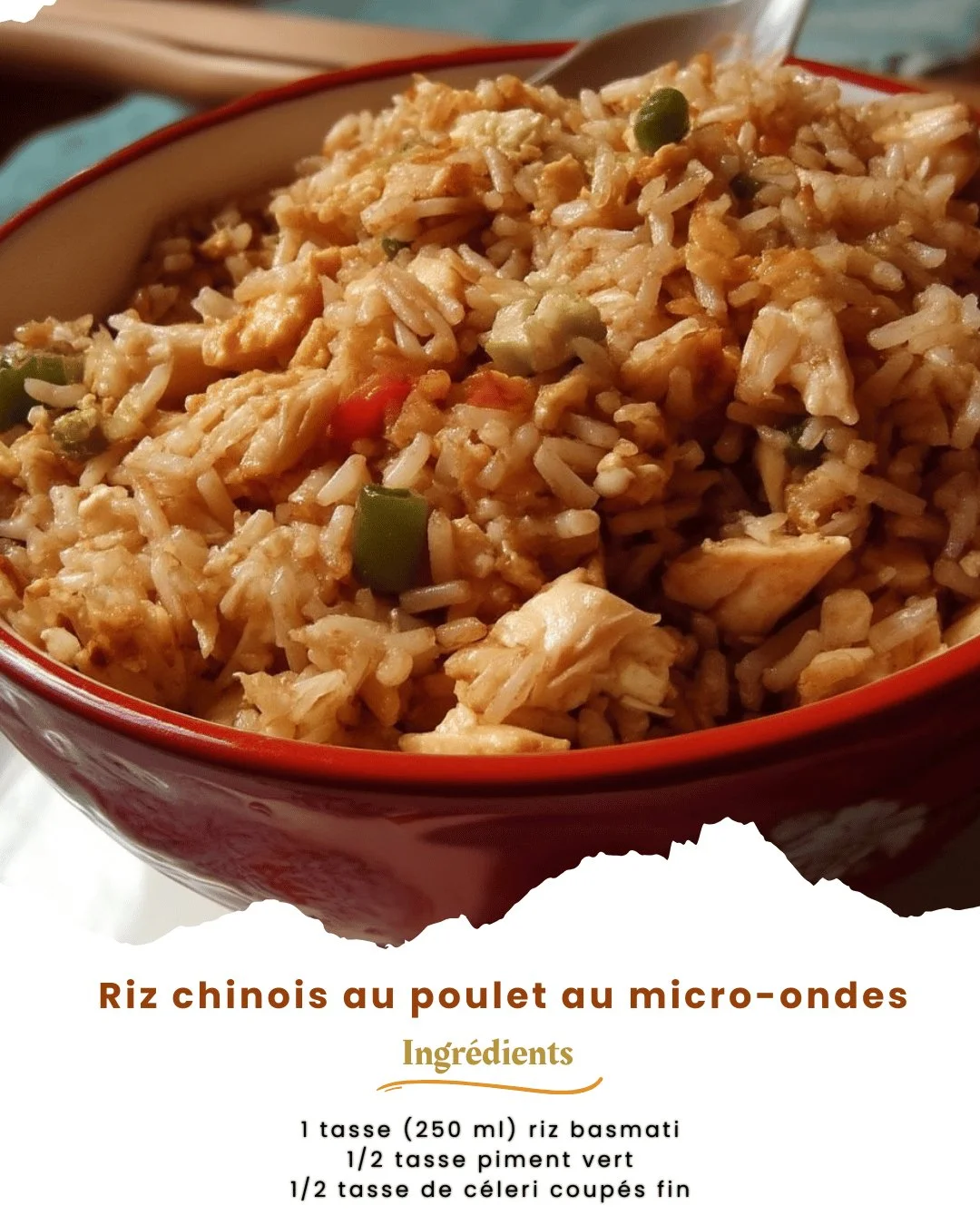 Riz chinois au poulet préparé au micro-ondes avec des légumes colorés