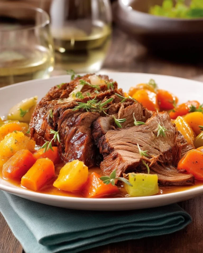 Rôti de palette marinée au cidre et à l'érable, servi avec des légumes.
