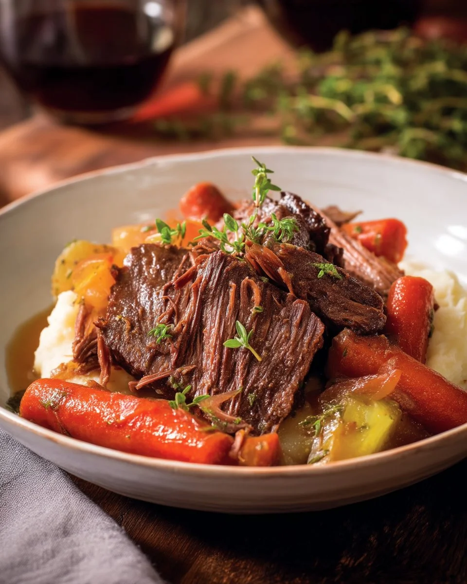 Rôti de palette de boeuf à l’érable et au cidre rosé servi sur une assiette