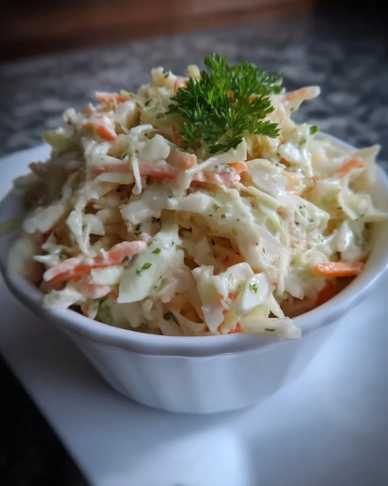 Salade de chou crémeuse servie dans un bol, garnie de légumes frais