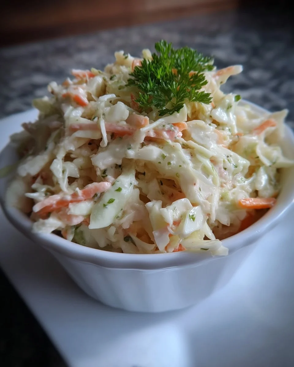 Salade de chou crémeuse servie dans un bol, garnie de légumes frais