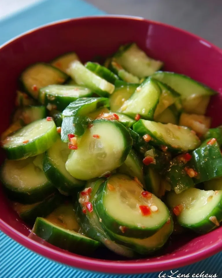 Salade de concombre sucrée et épicée garnie d'herbes fraîches et de sauce