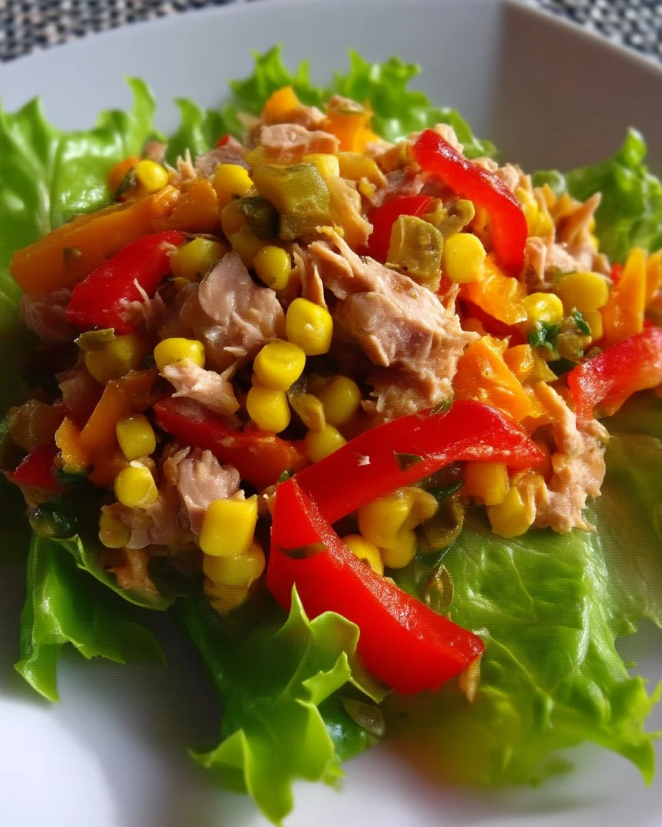 Salade de maïs au thon et poivron rouge, un plat frais et savoureux.