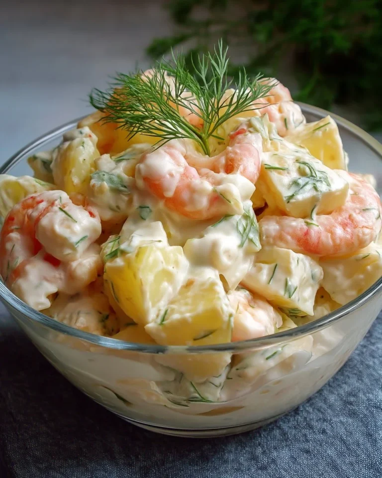 Salade de pommes de terre aux crevettes et sauce crémeuse dans un bol