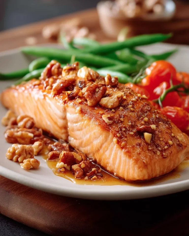 Saumon caramélisé à l'érable avec crumble de noix, un plat délicieux.