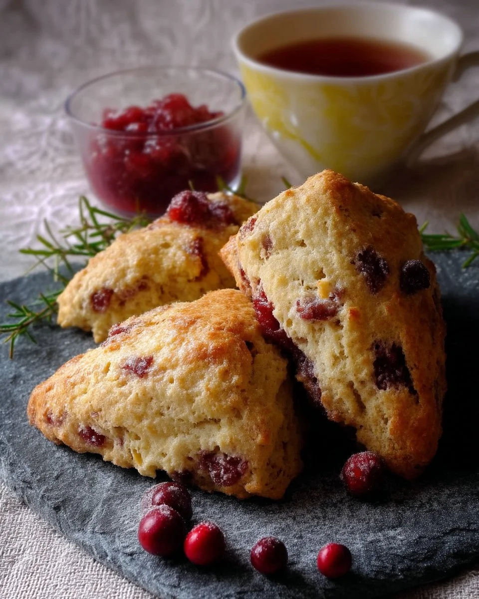 Scones moelleux garnis de citron, compote de pommes et canneberges fraîches.