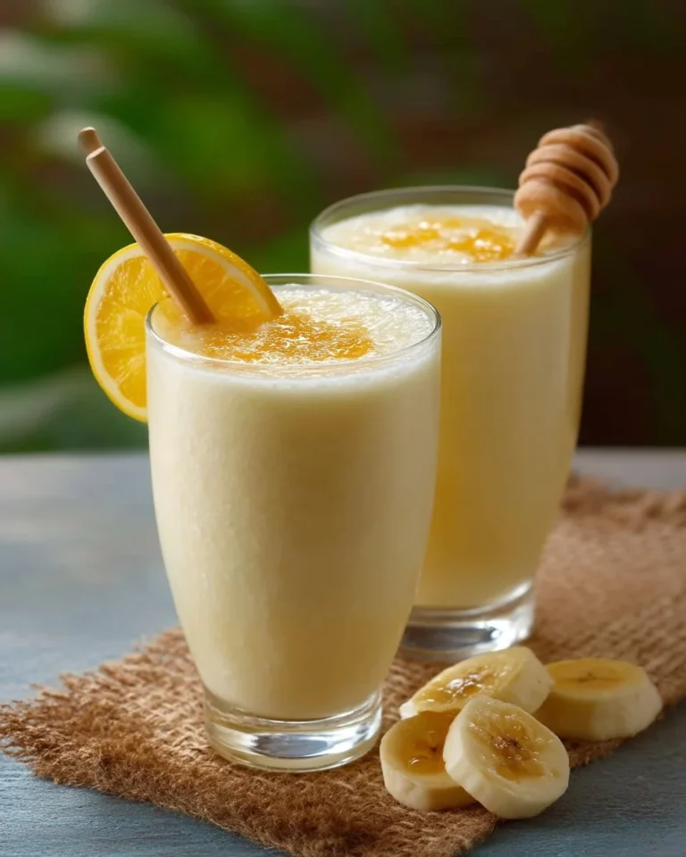 Smoothie à la banane et au miel dans un verre transparent, garnie de banane et de miel.