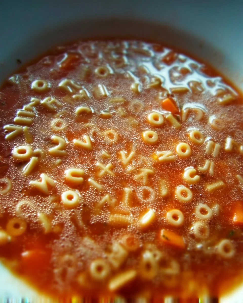 Bol de soupe alphabet avec des lettres colorées et des légumes frais.