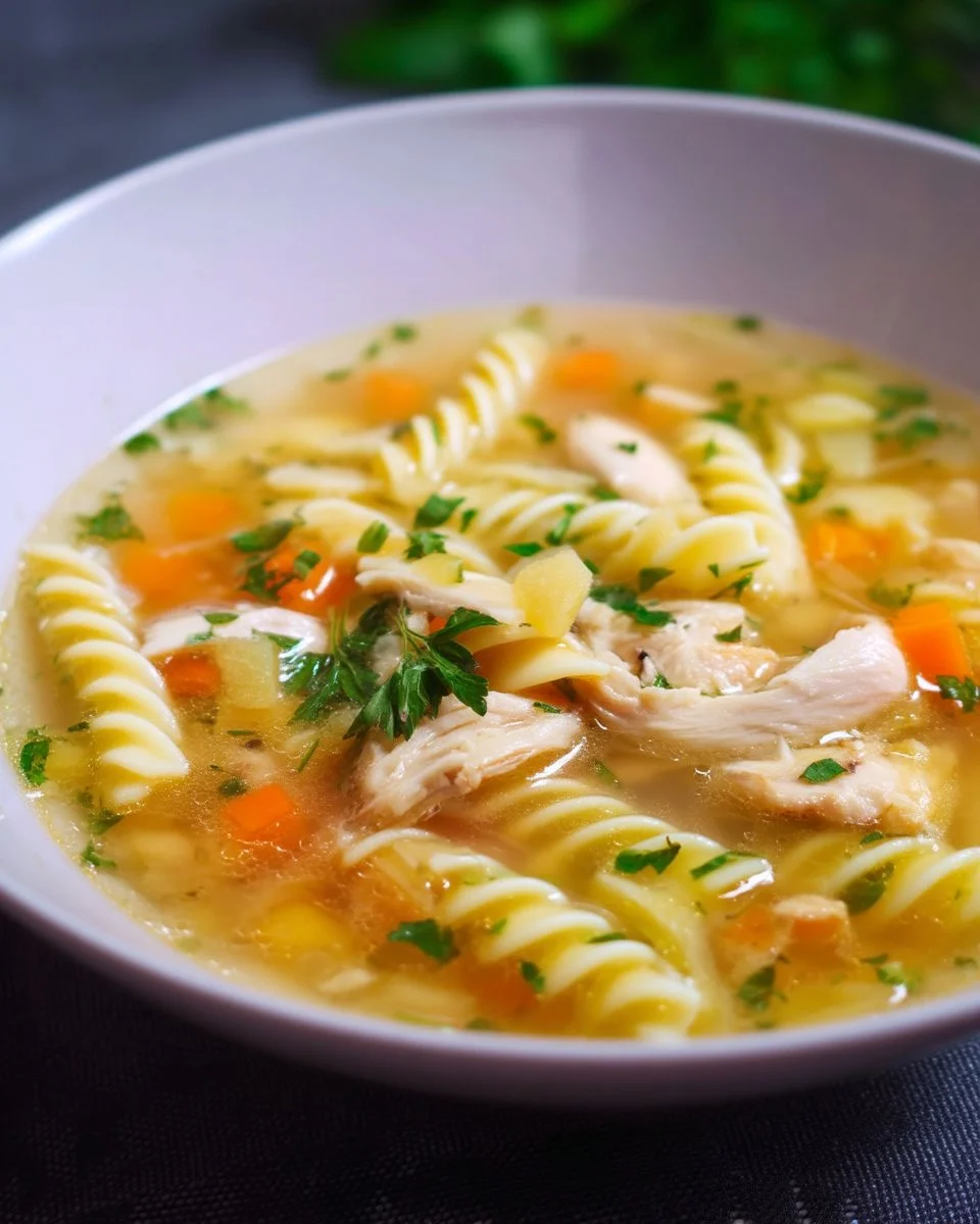 Soupe au poulet, fusillis et légumes servis dans un bol