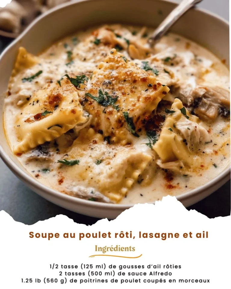 Soupe au poulet rôti avec lasagne et ail, plat savoureux et réconfortant.