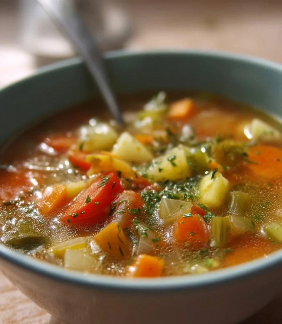Bowl of traditional soupe aux légumes with fresh vegetables