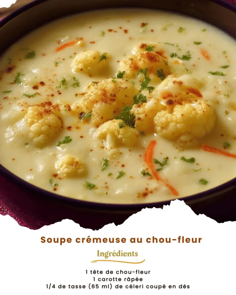 Soupe crémeuse au chou-fleur chaude dans un bol, garnie de persil frais.