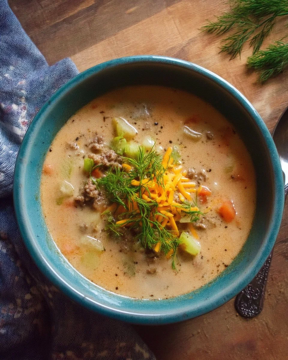 Soupe crémeuse style hamburger au fromage dans un bol