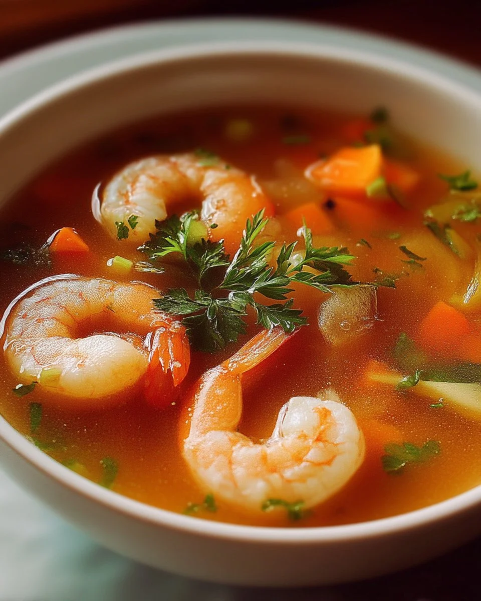 Soupe de crevettes légère servie dans un bol, garnie de coriandre fraîche.