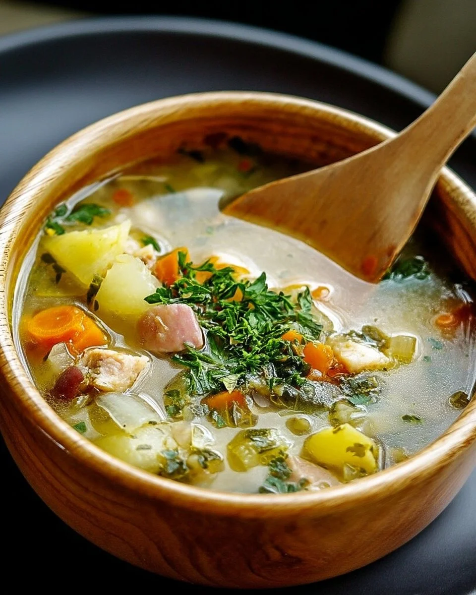 Soupe savoyarde paysanne servie dans un bol avec fromage fondu et légumes.