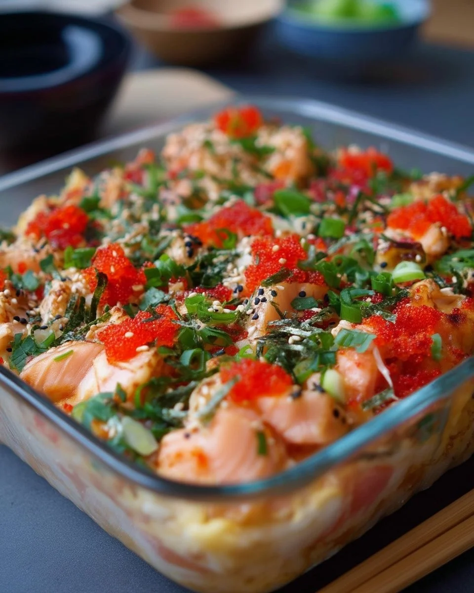 Sushi bake classique au saumon et aux crevettes dans un plat en céramique