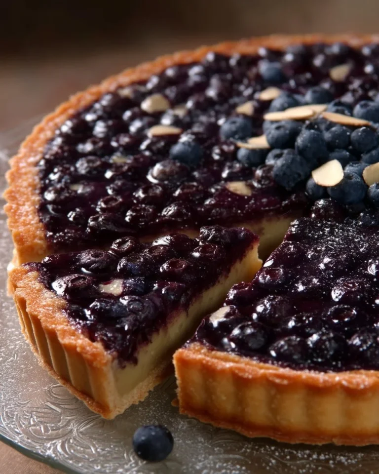Tarte amandine aux bleuets garnie de fruits et d'amandes