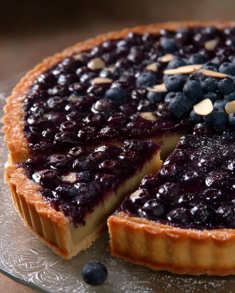 Tarte amandine aux bleuets garnie de fruits et d'amandes