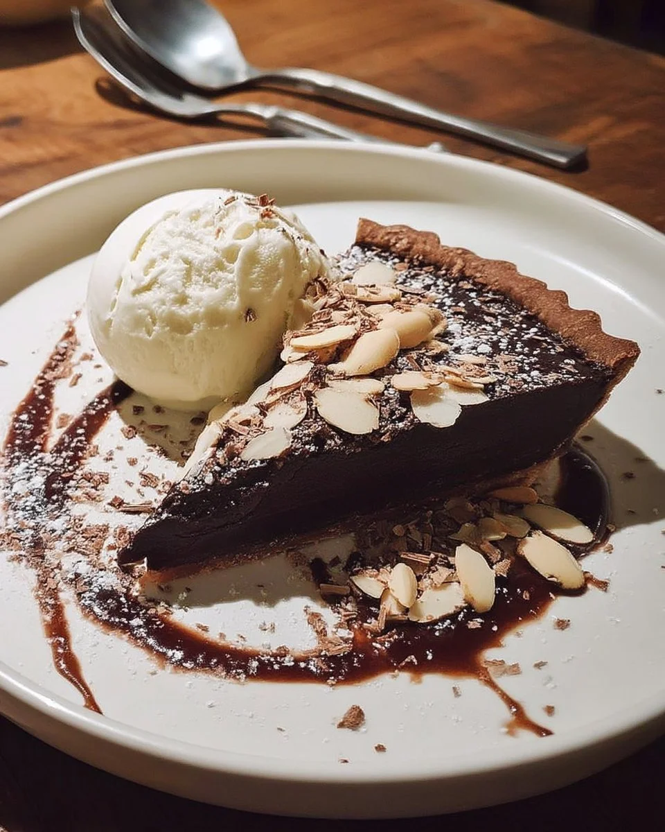 Tarte au chocolat noir servie avec glace vanille