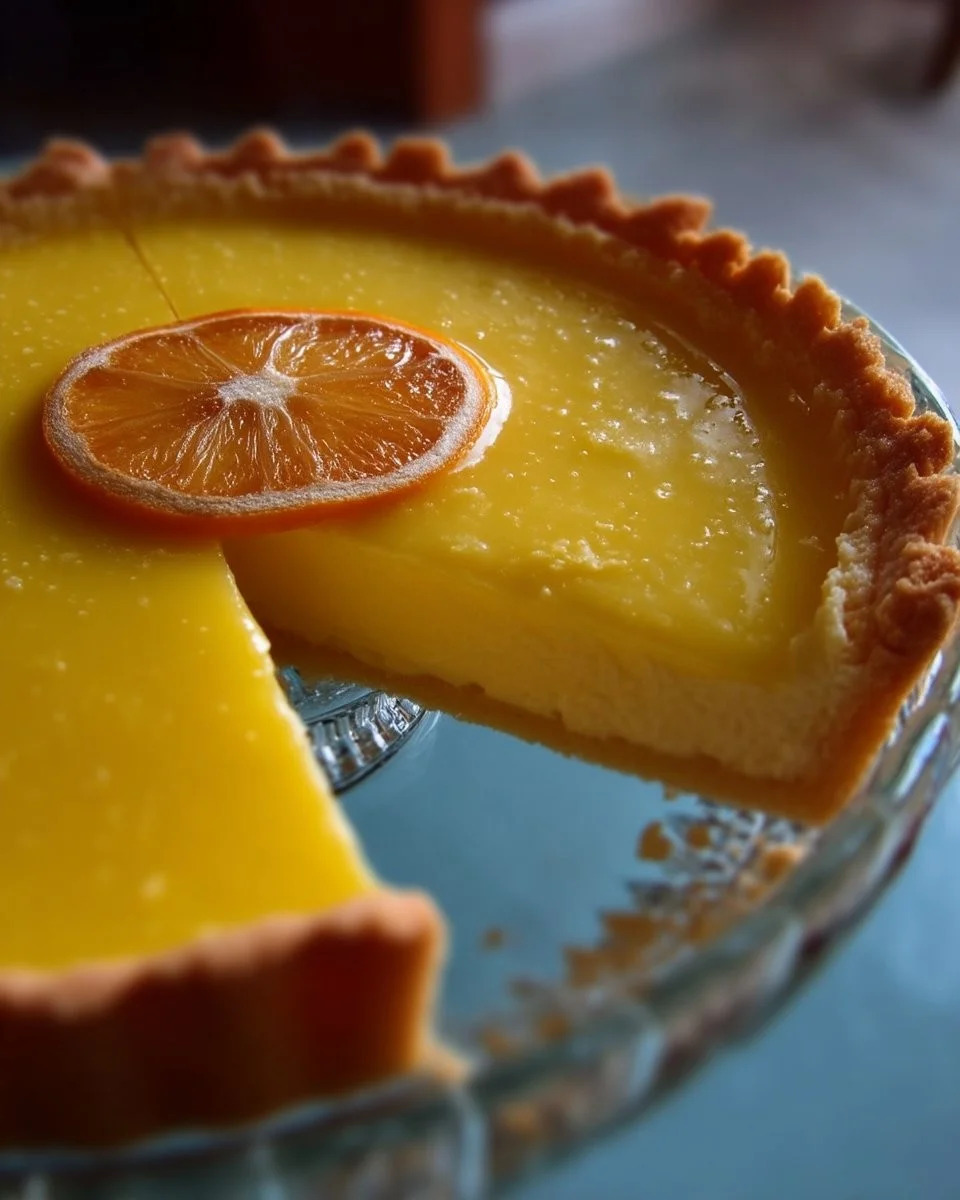 Tarte au Citron Meyer garnie de crème au citron et décorée de zestes de citron.