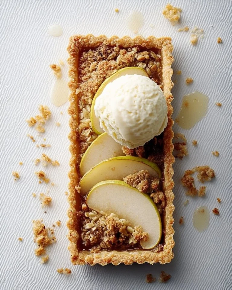 Tarte fine poire avec crumble et glace vanille sur une assiette élégante.