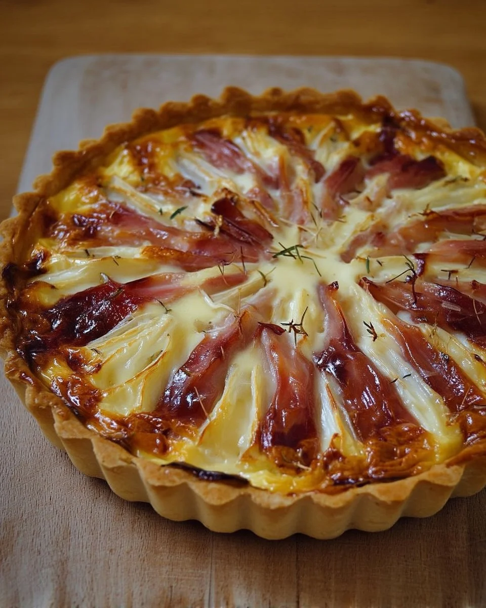 Tarte Fondante au Camembert et Lardons servie chaude avec garniture