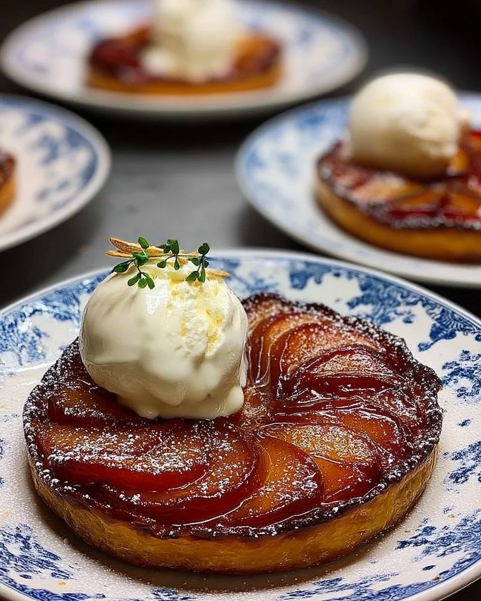 Tarte Tatin individuelle aux pommes avec glace vanille sur une assiette.