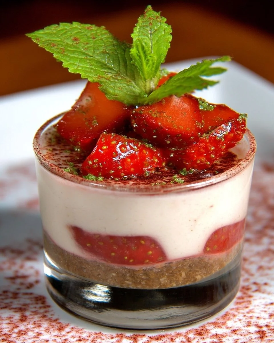 Verrine cheesecake avec fraises et menthe, dessert gourmand et frais