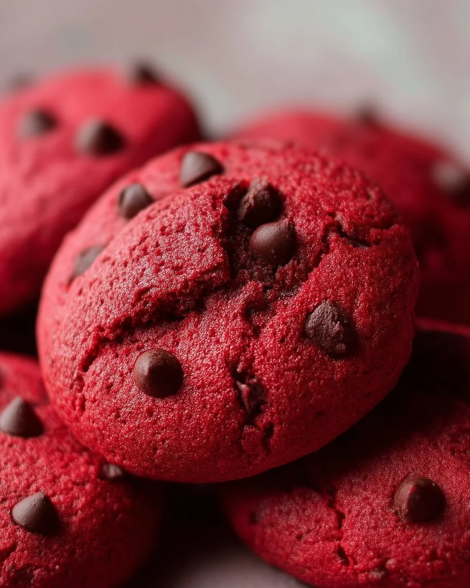 Biscuit moelleux aux brisures de chocolat red velvet, parfait pour les gourmands.