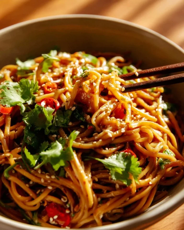 Bol de nouilles thaïlandaises épicées garnies de légumes et herbes fraîches