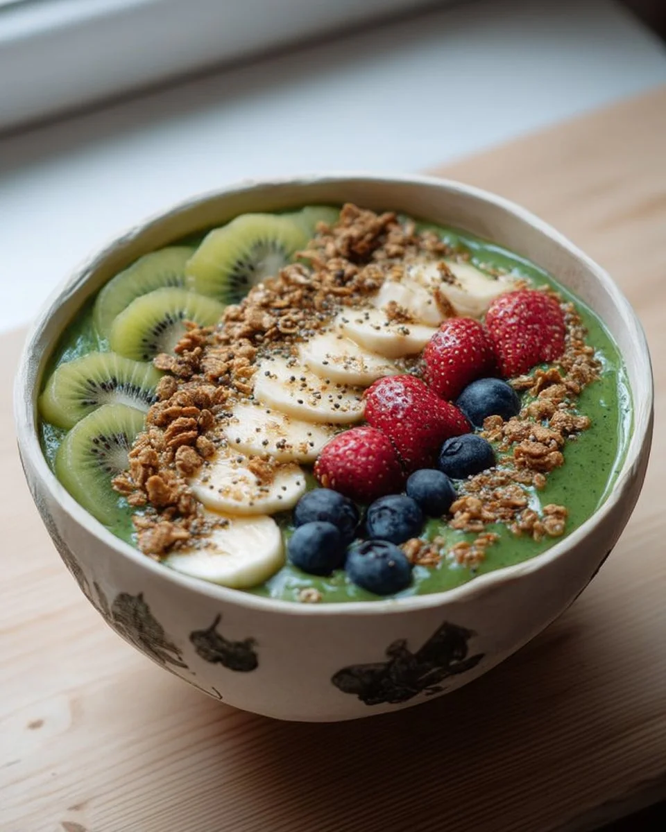Bol de smoothie vert à la banane, kiwi et granola, un petit déjeuner sain.