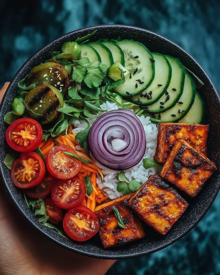 Bowl de tofu grillé accompagné de légumes croquants dans un plat coloré.