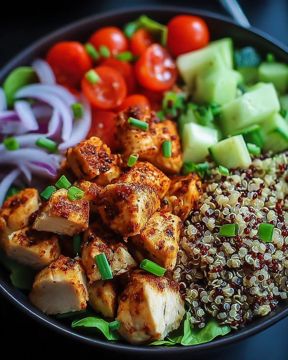 Bol de quinoa avec poulet épicé, repas nutritif et savoureux