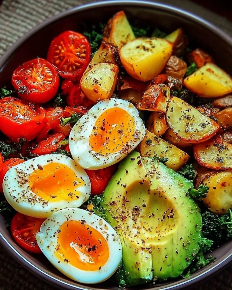 Bol de légumes rôtis, œufs et avocat, plat sain et savoureux