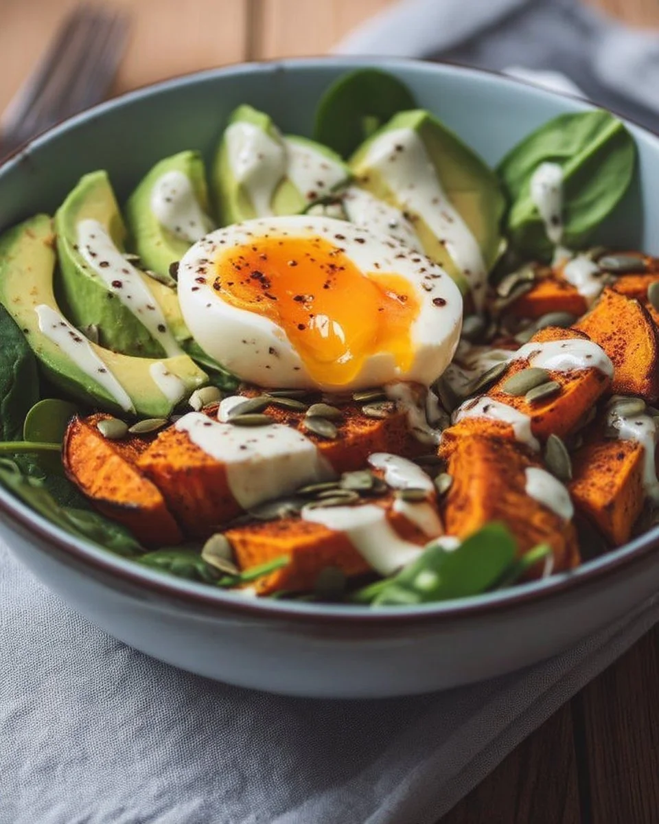 Bol de patates douces rôties avec avocat et œuf coulant, plat sain et savoureux.