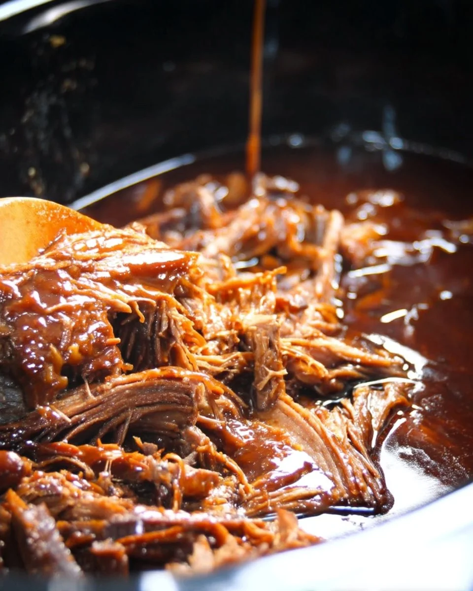 Brisket de boeuf mijoté avec sauce BBQ dans une mijoteuse