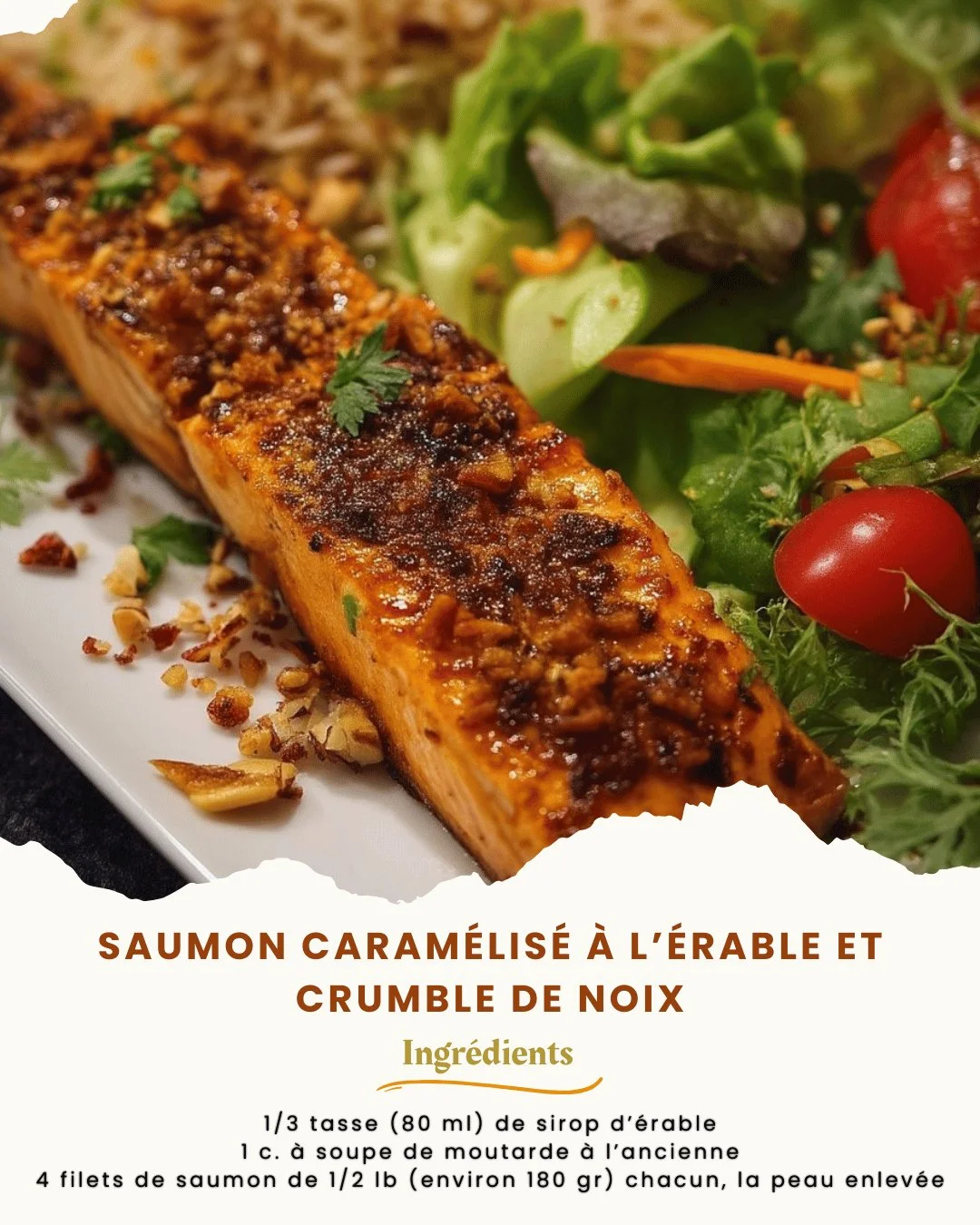 Saumon caramélisé à l'érable avec crumble de noix, plat savoureux et élégant.