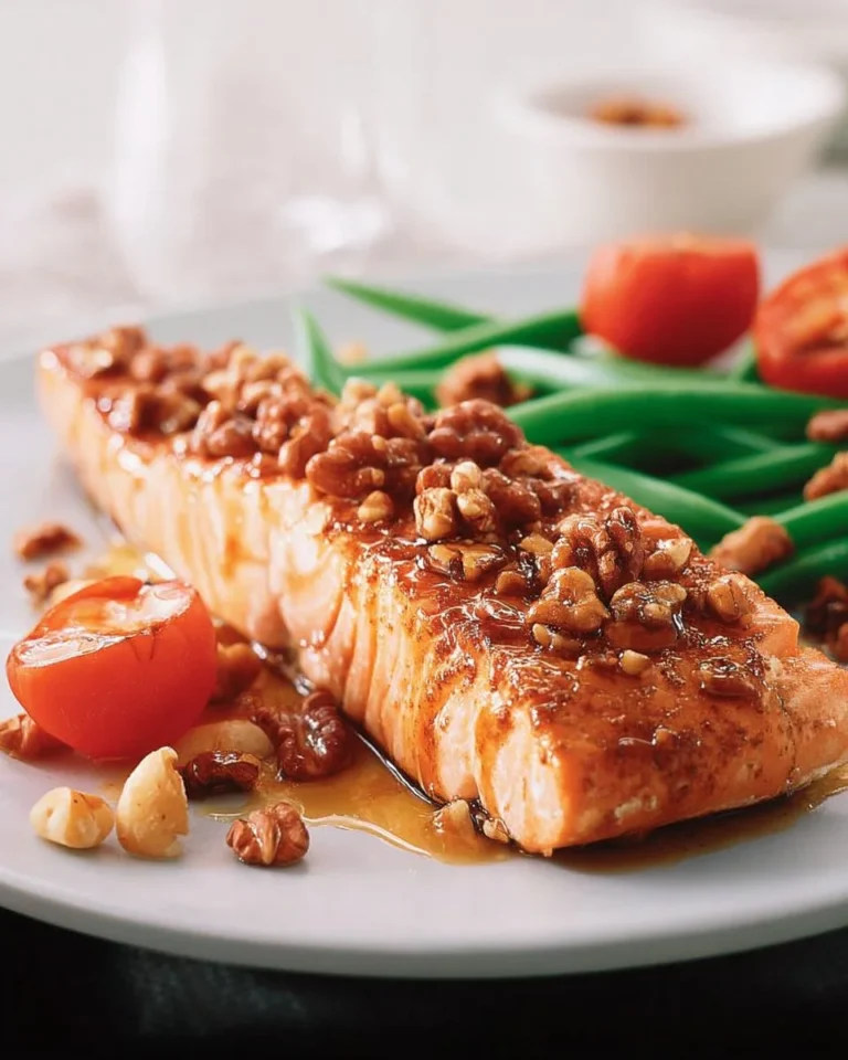 Saumon caramélisé à l'érable avec crumble de noix sur une assiette