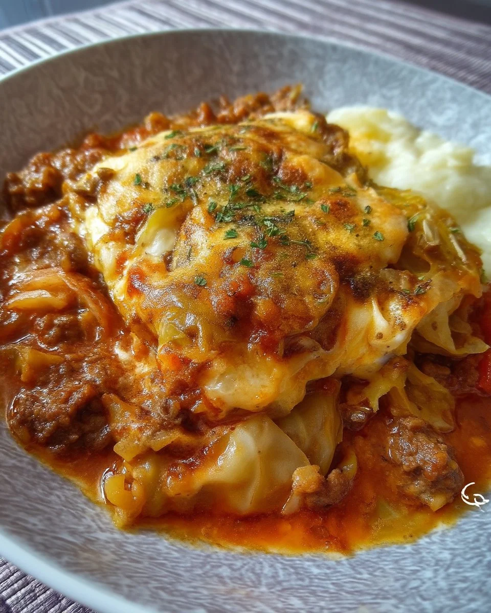 Casserole de boeuf haché avec chou, plat savoureux et réconfortant.