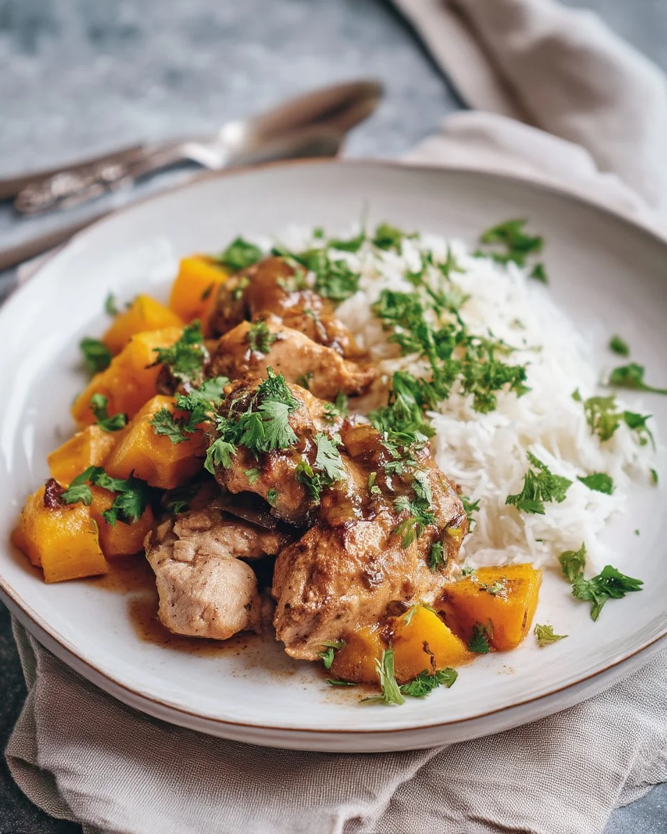 Poulet dans une sauce aux dattes servi avec du rutabaga rôti