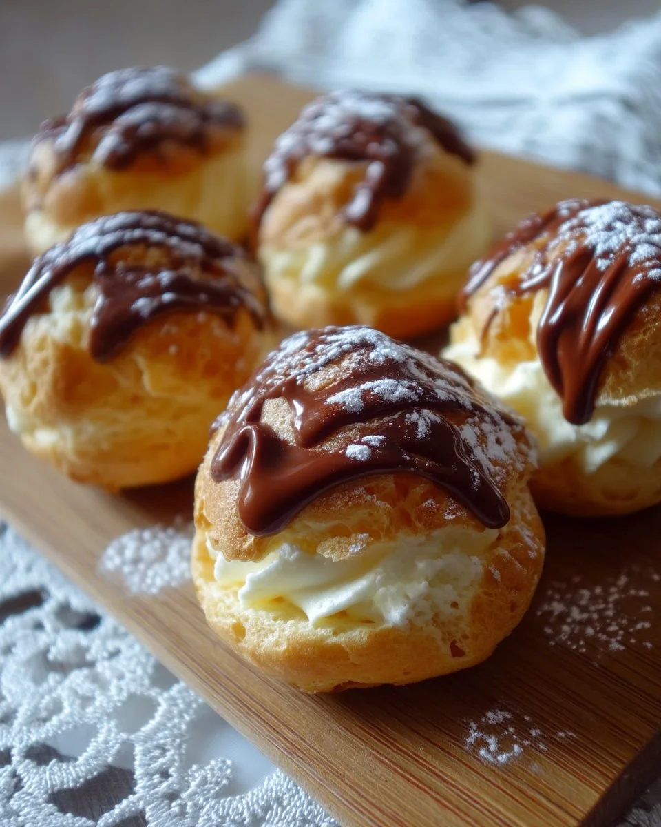 Choux à la crème garnis de crème pâtissière et couverts de chocolat