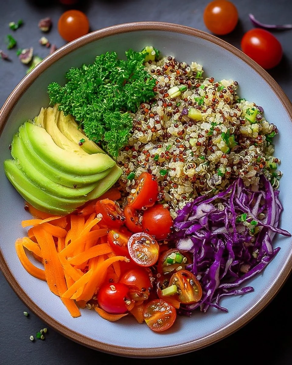 Salade colorée de quinoa et avocat avec légumes frais