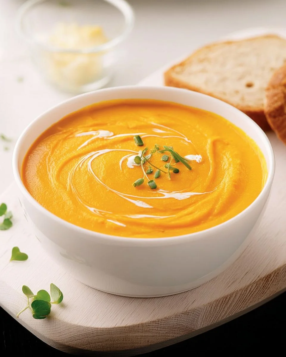 Bol de crème de carottes onctueuse garnie de croûtons et herbes fraîches