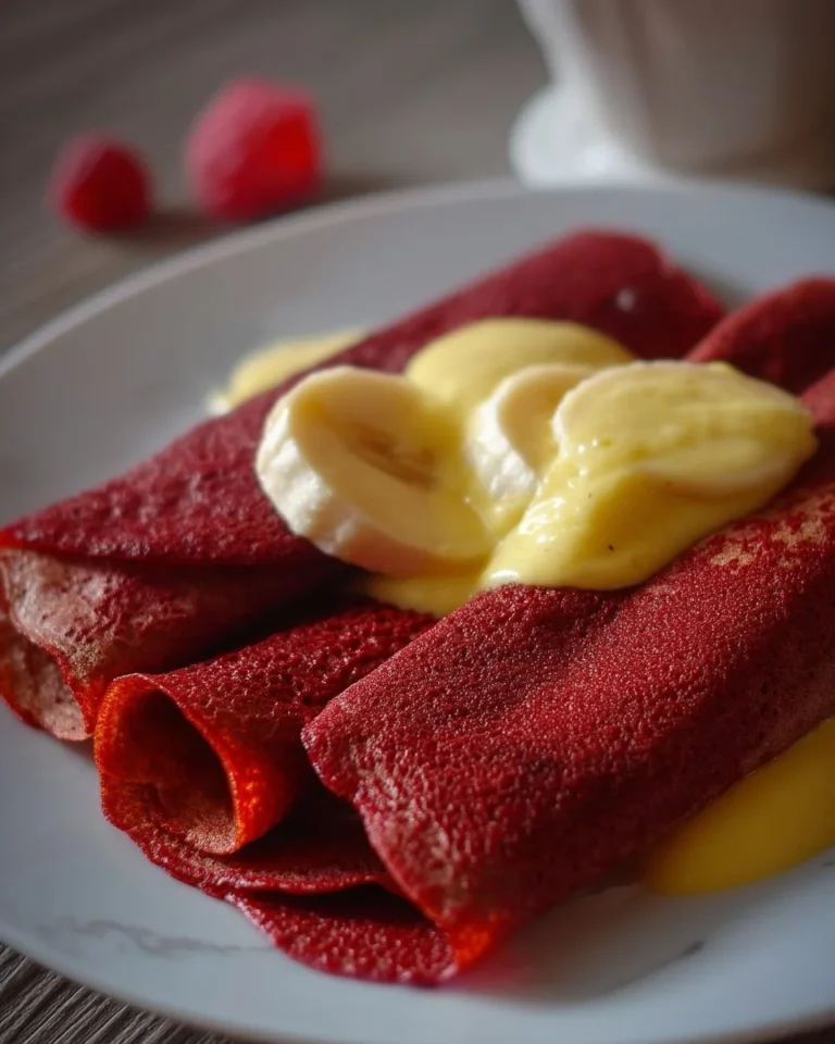 Delicieux crêpes Red Velvet garnis de crème et décorés de fruits