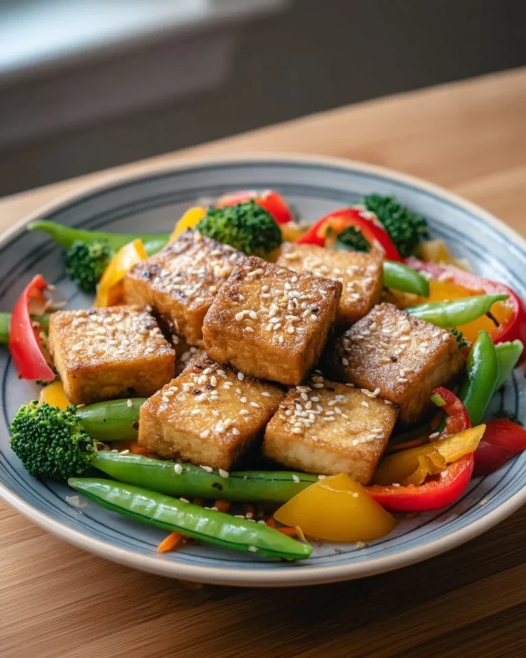 Tofu croustillant avec sésame et légumes croquants dans une assiette colorée.