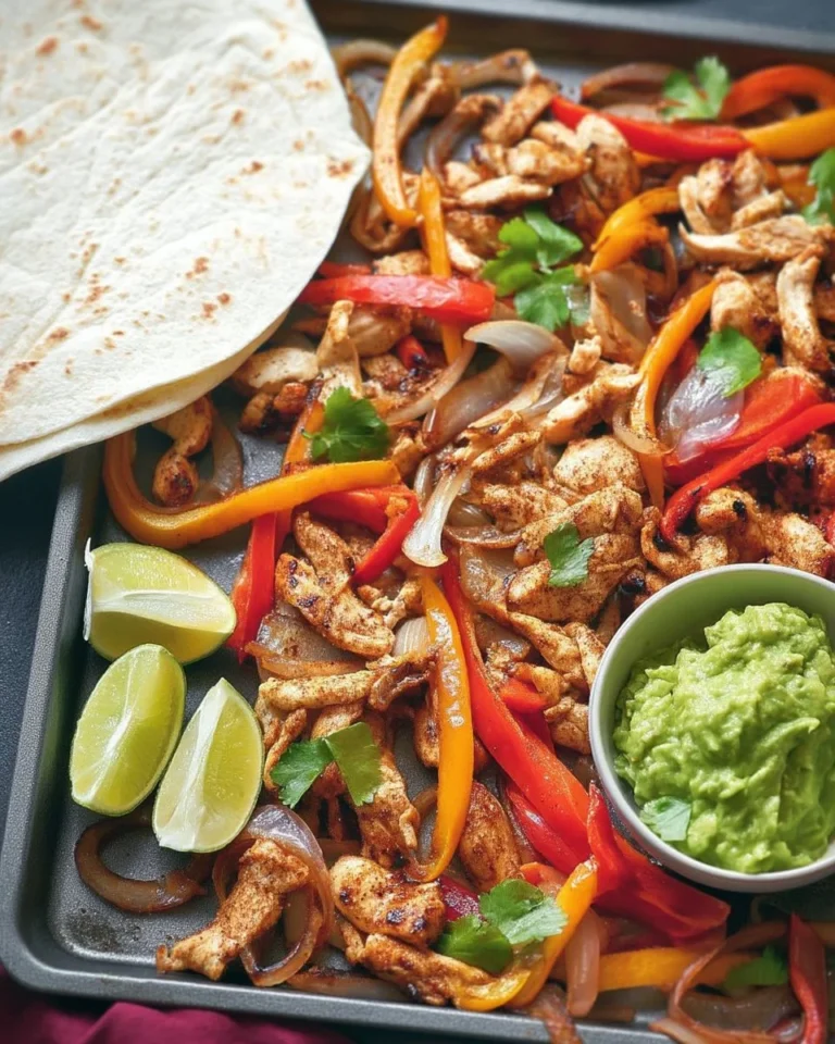 Fajitas au poulet à la plaque prêtes à être servies dans une assiette colorée.